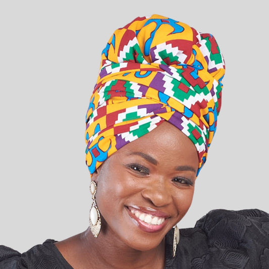 Akua No-Tie satin-lined two-piece Headwrap [Kente]